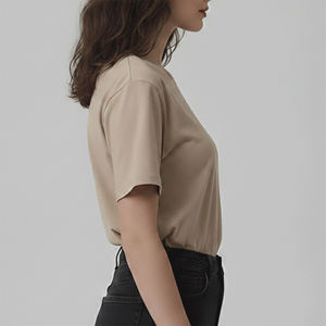 Camiseta de Manga Corta para Mujer, Color Beige, Cuello Redondo, 100% Algodón Jersey, Transpirable, Estilo Minimalista, para Primavera/Verano, Venta al Por Mayor - Product Image 2