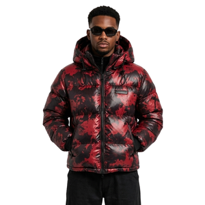Patterned Crimson <b>Red</b> Hooded Mens Puffer <b>Jacket</b> Swirl Print Heavy Quilted Ultra Durable Nylon Rib Cuffed Bubble <b>Jackets</b> - Product Image 1