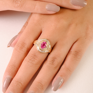 Anillo de declaración vintage de oro amarillo real K14 con rubí y diamante engastados con garras, personalizado OEM, Novedades, Joyería al por mayor - Product Image 2