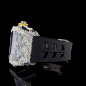 Reloj de Cuarzo Tonneau con Diamantes para Hombre, Estilo Hip Hop, Cronógrafo Analógico con Correa de Goma Negra - Product Image 2