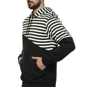 Sweat-shirt à capuche rayé pour homme, noir et blanc, en coton tricoté, décontracté, manches longues, avec poche, pour l'automne - Product Image 2