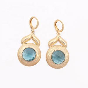 Topaze bleue pierres précieuses fait à la main texturé boucles d'oreilles rondes Dangle Style goutte plaqué or bijoux de mode - Product Image 1