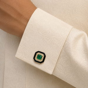 Gold Plated Emerald Cut Green Stone Cufflinks <b>Black</b> Enamel Halo Cufflinks for <b>Men</b> - Product Image 3