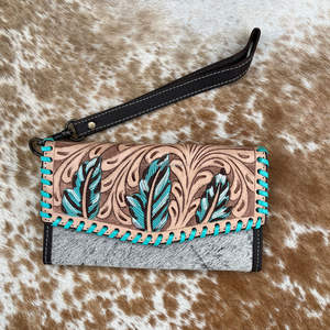 Portefeuille de sculpture usiné à la main Offre Spéciale pochette portefeuille en fourrure de vachette de couleur turquoise élégante portefeuilles en cuir occidental à usages multiples - Product Image 2