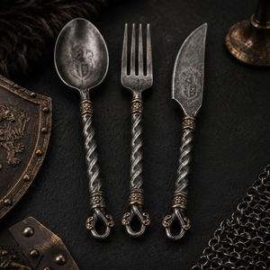 Ensemble de couverts médiévaux traditionnels faits à la main en acier, cuillère, fourchette, couteau, pour la maison, le camping et les repas en plein air - Product Image 1
