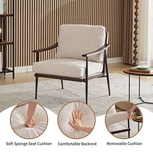 Poltrona Moderna in Tessuto di Lino con Braccioli in Legno, Stile Mid-Century, Sedia Imbottita per Soggiorno - Product Image 3