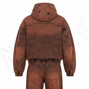 Custom Winter Heavyweight Acid Wash Zip Hoodie Unisex Sun Faded <b>Distressed</b> Embroidery Vintage Tracksuits Cotton Apparels - Product Image 2