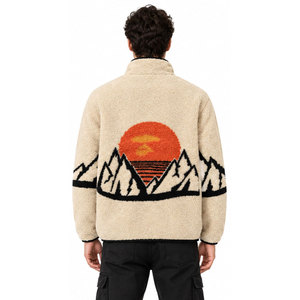 Trendy Outfit <b>Fleece</b> <b>Jacket</b> With Mountain Sunset Embroidery Zipper Stand Collar Winter Casual <b>Thick</b> Sherpa Lined Coat - Product Image 3