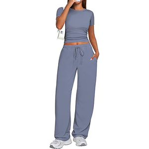 Womens Stylish 2-Piece Solid Short Sleeve Loungewear Set with <b>Lace</b>-Up Detail and Modal Fabric - Product Image 1