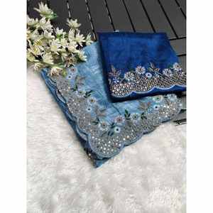 FANCY CRUSH BRODERIE BUTTA WORK SAREE AVEC CHEMISIER NON COUDU - Product Image 1