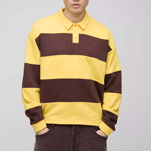 Maillot de rugby personnalisé pour homme, manches longues classiques, 100% coton, rayures jaunes et brunes, avec impression de logo personnalisée - Product Image 1