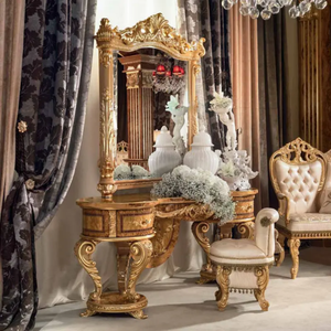 Table de toilette de luxe de style baroque, classique et royale, en acajou sculpté à la main, avec miroir doré, pour chambre principale, villa ou hôtel de luxe - Product Image 2