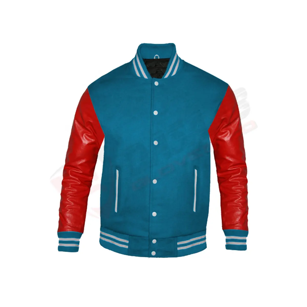 100% langit kasmir-biru hangat musim dingin kerah bergaris Hem-Cuff jaket Bomber universitas dengan lengan kulit warna merah