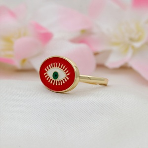 Bague ajustable œil porte-bonheur en argent sterling 925 massif plaqué or avec émail rouge, bijoux fins, vente en gros - Product Image 2