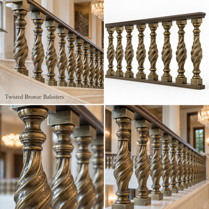 Rampe en bronze héritage avec balustres torsadés sculptés et colliers étagés, main courante et balustrade métalliques - Product Image 5