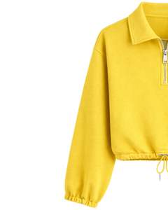 เสื้อฮู้ดครอปซิป ¼ ตัวสำหรับผู้หญิง สีเหลืองแบบกำหนดเอง ผ้าฟลีซแบบสวมหัว มีเชือกผูกชายเสื้อ ผ้าฝ้ายผสมโพลีเอสเตอร์เนื้อนุ่ม เหมาะสำหรับฤดูหนาว - Product Image 2