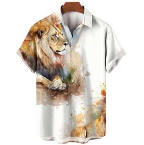 Retro Men's Heavyweight Short Sleeve Shirt 4 Way Stretch <b>Animal</b> Print Lapel Collar 100% Polyester <b>Knitted</b> Fabric Summer Casual - Product Image 1