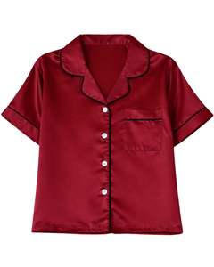 Ensemble de pyjama pour femme en satin rouge personnalisé, manches courtes, boutonné, style soie, deux pièces, ensemble de shorts de nuit, vêtements de détente - Product Image 1