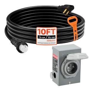 Kit de boîte d'entrée de connecteur à verrouillage par torsion NEMA 14-50P SS2-50R, boîte d'entrée de cordon d'alimentation pour générateur 50 ampères, boîte d'entrée de cordon d'alimentation 10 pieds 125V/250V, rallonge de cordon d'alimentation - Product Image 1