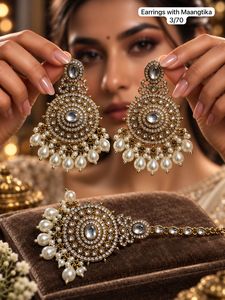 Boucles d'oreilles pendantes ethniques en laiton doré style Dhokra, bijoux perlés en forme de fleur, ensemble Maangtika pour fêtes et mariages - Product Image 4