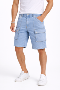 Shorts cargo en jean pour hommes, délavé clair, style streetwear décontracté, multi-poches, coupe ample, en coton, pour l'été, vente en gros - Product Image 5