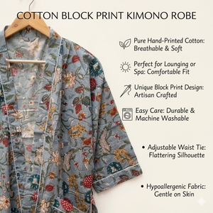 Bata Kimono de Algodón Gris con Estampado Floral para Mujer, Manga Larga, Cuello en V, Ropa de Estar por Casa, Bata de Baño Larga con Cinturón - Product Image 2