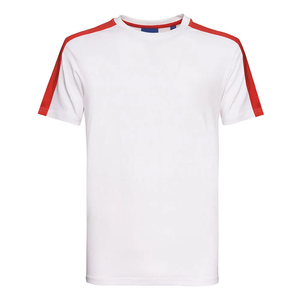 Camiseta de Manga Corta para Hombre, Color Crema, con Ribete a Rayas Rojas, Blancas y Azules en Contraste, Cuello Redondo, Corte Regular, Informal, de Punto Jersey, Algodón - Product Image 4