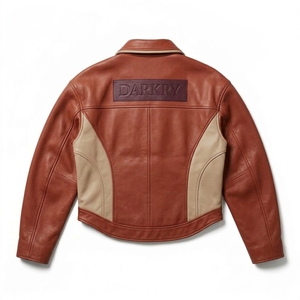 Veste en cuir véritable pour femme, style camionneur, couleur bloc crème cognac rouille, panneau incurvé, boutons-pression, col pointu, manteau streetwear élégant - Product Image 2