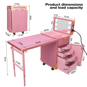 Table de manucure portable sur roulettes avec lumière à 3 couleurs, haut-parleur, bureau pliable pour technicien des ongles, étui de voyage pour professionnels des ongles - Product Image 2