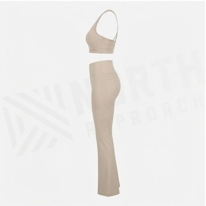 2 Piece Yoga Set Seamless Crisscross Strap Crop Top High Waist Full Length <b>Flared</b> <b>Leggings</b> Solid Beige Women's Activewear - Product Image 3