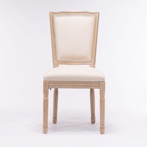 Ensemble de 2 chaises de salle à manger à dossier carré en tissu lin avec structure en bois massif de style français, couleur crème - Product Image 2