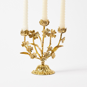 Polished gold metal five <b>light</b> candelabra stand features curved classic scroll arms, available at wholesale prices. - Product Image 2