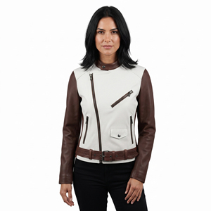 Veste en cuir pour femme avec ceinture, veste de motard en cuir véritable pour femme, fabricant de vestes en cuir pour femme avec fermeture éclair sur le devant - Product Image 1