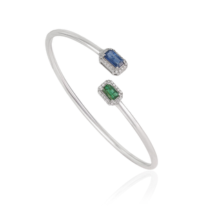 Bracelet ouvert en argent 925 de haute qualité avec émeraude naturelle taille octogonale et saphir bleu, double tête de diamant - Product Image 3