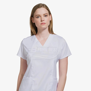 Blouse de travail pour femmes, col en V, coton et polyester blanc, uniforme d'hôpital avec poches pour le personnel médical - Product Image 1