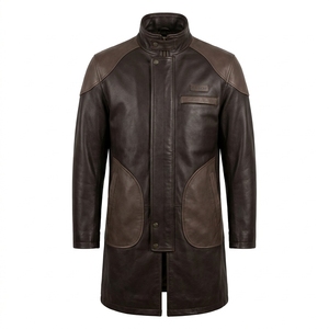 Abrigo Largo de Cuero Genuino Marrón Mocha para Hombre, con Capucha Oscura Personalizada y Cuello Alto, Exportador de Prendas de Abrigo Largas - Product Image 1