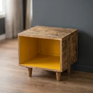 <b>Rustic</b> Wooden <b>Bedside</b> Cube <b>Table</b> with Open Storage Compartment and Tapered Legs for Bedroom - Product Image 5