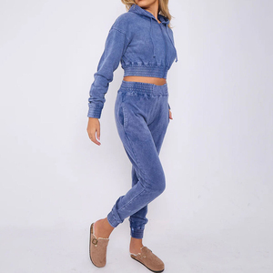 Custom Women's Vintage Two-Piece <b>Cropped</b> Acid Wash Cotton Zip Tracksuit Solid Pattern Short Length <b>Tops</b> for Winter - Product Image 5