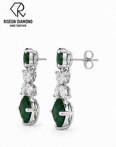Pendientes de Gota con Esmeralda Corte Cojín Verde y Diamantes Marquise con Motivo Floral, Parte Superior Redonda, Joyería Fina de Lujo para Novia y Aniversario - Product Image 4