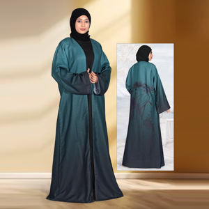 Abaya de Lino con Frente Abierto y Panel Trasero con Estampado Digital Artístico, Diseño de Tela Degradada, Elegante y Modesto, Largo hasta el Suelo, para Mujer - Product Image 5