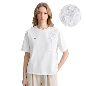 เสื้อยืดผ้าฝ้าย 100% ปักลายลูกไม้ดอกไม้ แขนสั้น สวมใส่สบาย สีขาว คอกลม เสื้อเชิ้ตหรูหราสำหรับฤดูร้อน เสื้อผู้หญิง - Product Image 1