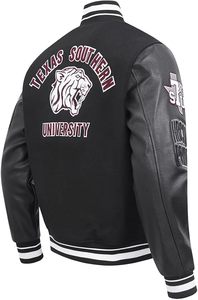Veste universitaire noire de l'Université du Texas Southern avec manches en cuir, logo de tigre brodé, bordure contrastée, vêtements de sport d'hiver pour adultes - Product Image 6