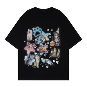 เสื้อครอปพิมพ์ลายแมวน่ารักสไตล์วินเทจสำหรับผู้หญิง แขนสั้นทรงเข้ารูป คอวี แต่งขอบเสื้อสีตัดกัน สไตล์ Y2K - Product Image 4