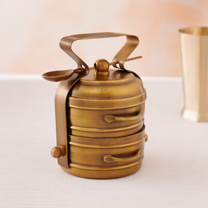 Traditional brass tiffin <b>box</b>, antique 3 tier lunch carrier, smooth finish food <b>box</b>, available at wholesale prices. - Product Image 2
