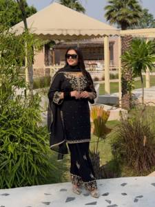 Designer Zari Embroidery With Sequence And <b>Pearl</b> Moti Work French Crepe <b>Top</b> With Plazzo Bottom And Dupatta Fully Stitched Set - Product Image 2