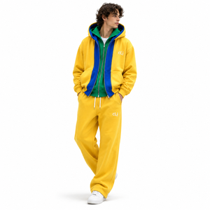 Conjunto de Sudadera con Capucha y Pantalones de Chándal para Hombre, Color Borgoña, con Doble Cremallera, Diseño Personalizado en Capas, Cremallera Beige, Capucha Azul, Forro Polar Grueso y Pantalones de Pierna Ancha - Product Image 3