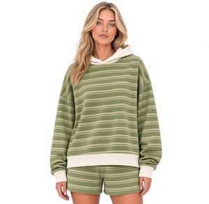 <b>Women</b> Oversized Hoodie Outfit Striped <b>Long</b> Sleeve Pullover Matching Casual <b>Shorts</b> Set Relaxed Comfortable Lounge Wear - Product Image 6