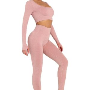 Ensemble de leggings de yoga à taille large, vêtements de fitness élégants en 2 pièces, tenue de sport pour yoga et pilates, ensemble de détente en tissu doux - Product Image 2