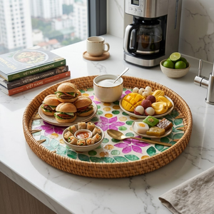 Bandeja Redonda de Ratán Estilo Veraniego al por Mayor con Incrustaciones de Madreperla, Bandejas Decorativas para el Hogar, Hechas a Mano en Vietnam - Product Image 4