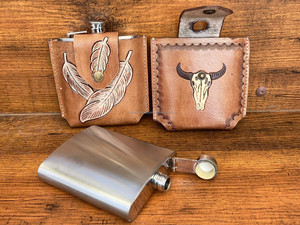 Hand Tooled Leather Stainless Steel Hip Flask with Belt Leather Case for Liquor Multi-Function Cow Leather Luxury Flask Holders - Product Image 5
